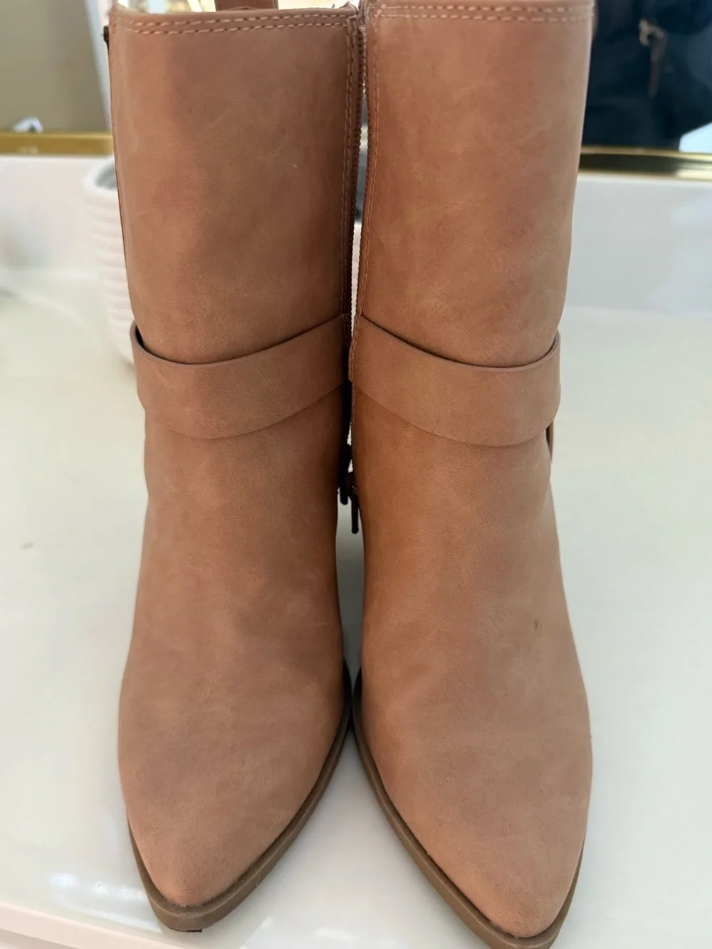 Dolce Vita Tan Pointed-Toe Mid-Calf Ankle Boots with Wrap Detail